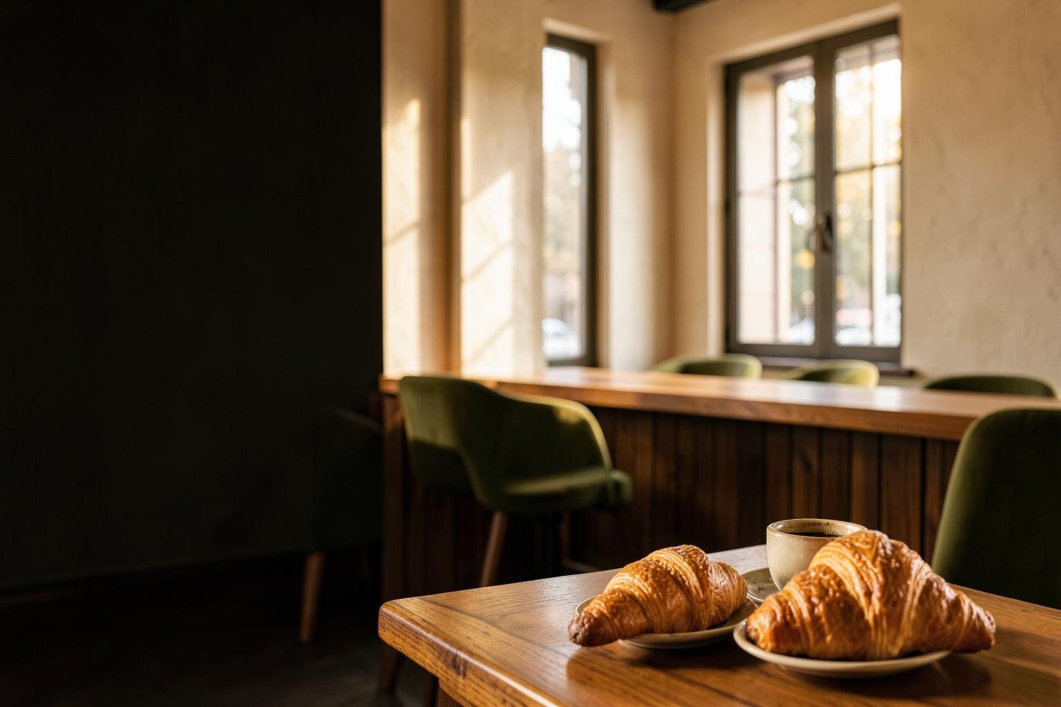 Sunlit café table with coffee and croissants