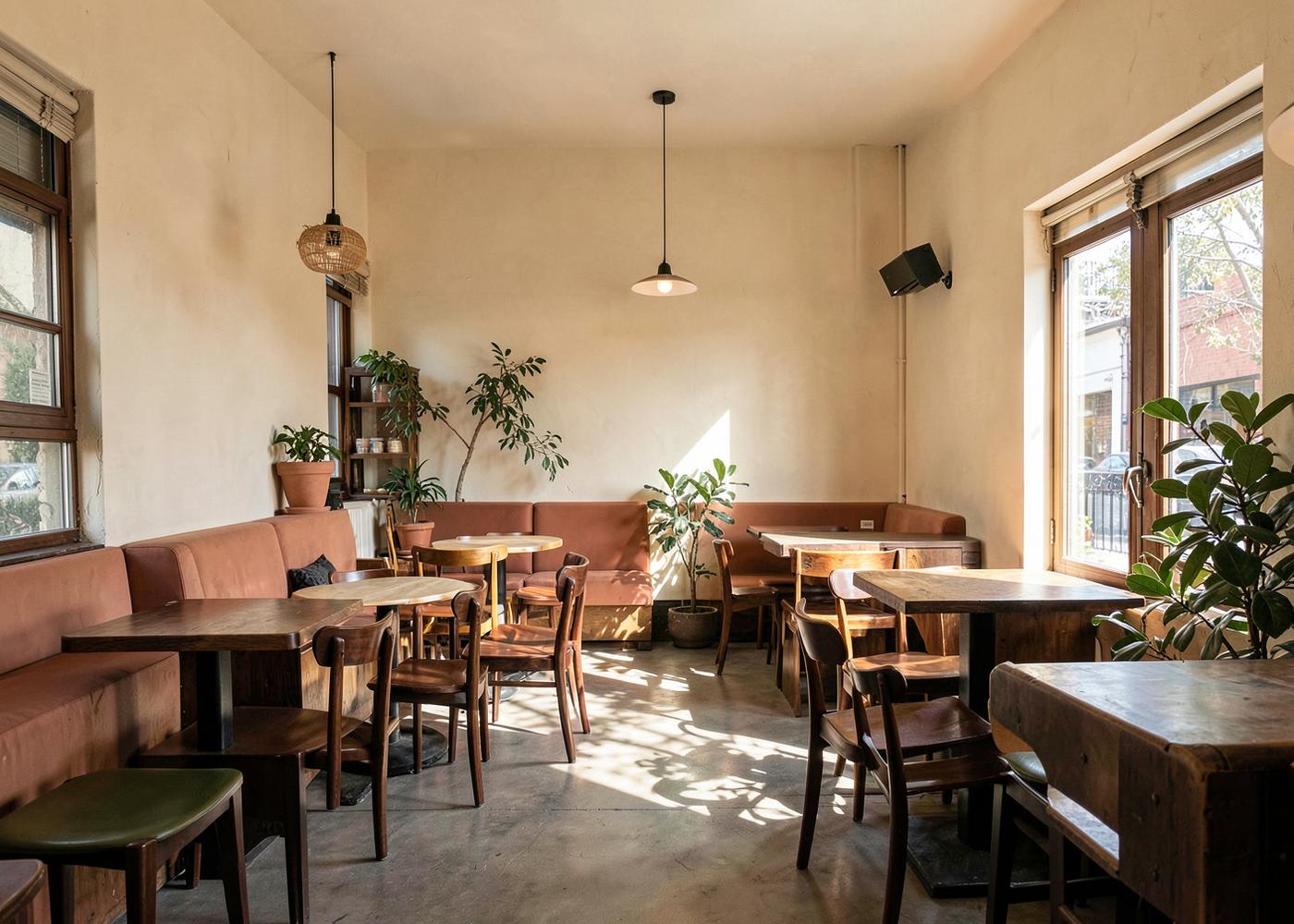 A quiet corner inside the warm Ember & Oak café concept