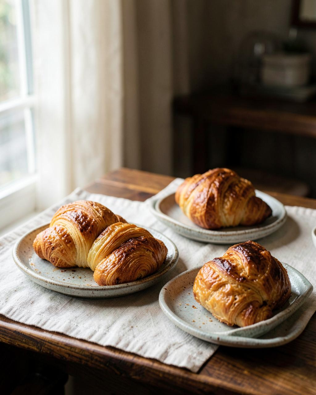 Fresh croissants and morning buns on stoneware