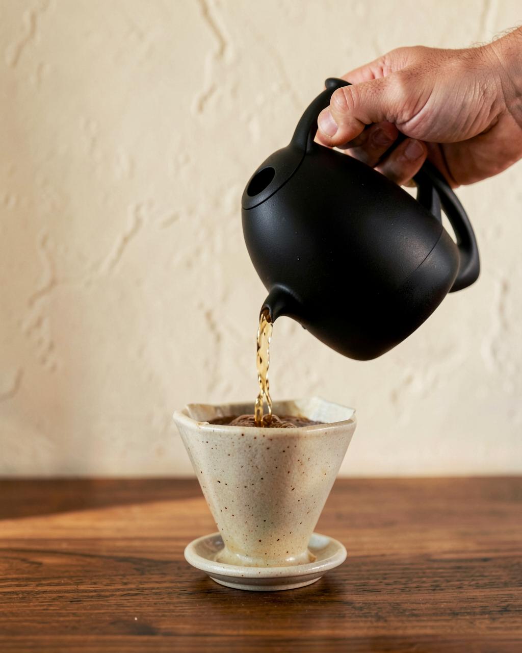 Hand-poured coffee in a ceramic dripper