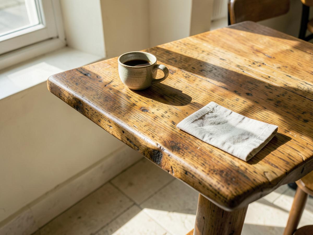 Coffee on a sunlit wooden table